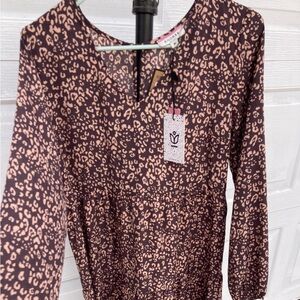 ANDREE BY UNIT — Babydoll Leopard Dress, Mocha and Soft Pink, Size Medium